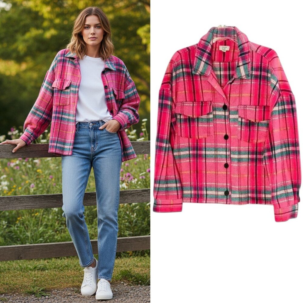 Crown & Ivy Flannel Shirt Jacket Sz XXL Pink Plaid Boxy Button up Shacket Layer